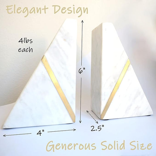 Marble Bookends Handcrafted Heavy Marble Triangular Bookshelf Decor Brass Inlay Set of 2 Decorative Bookends Book Stoppers with Non-Skid Bottom Solid Home Kitchen Office Shelves Triangle