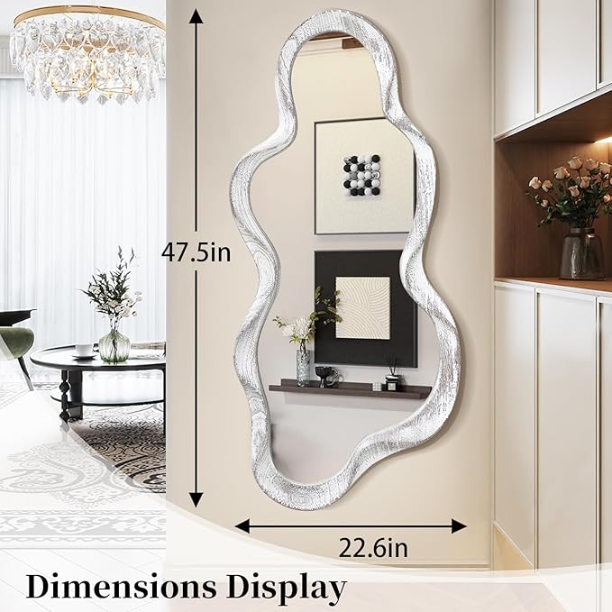Large Asymmetrical Wall Mirror Irregular Wood Frame Modern Unique Wall-Mounted Artistic Wavy Mirror Decor Bathroom Vanity Bedroom Living Room Entryway Hallway 120x55cm Natural
