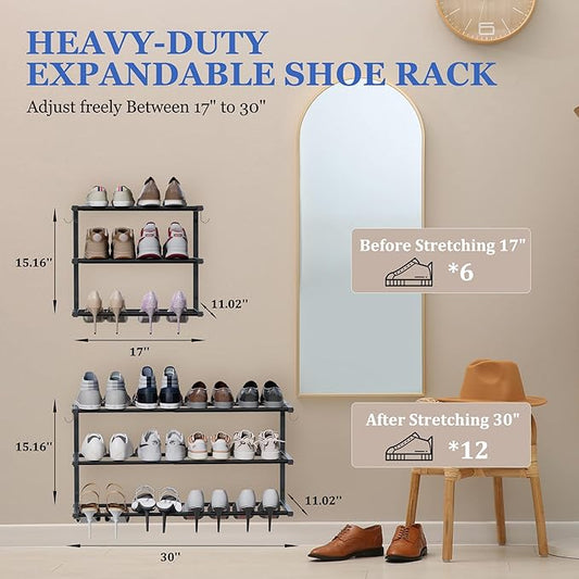 3 Pack Wall Mounted Shoe Rack, 3 Tier Hanging Shoe Rack Holds 36 Pairs, 17"-30"Adjustable Heavy Duty Metal Shoe Organizer Holder with 6 Storage Hooks, Space Saving for Closet Entryway Doorway(Black)