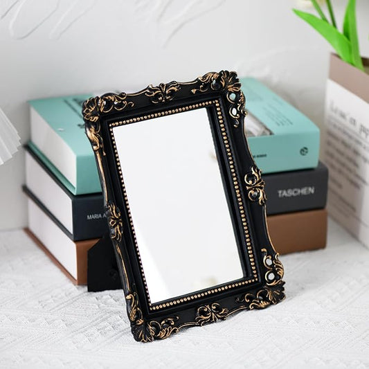Funerom Vintage Decorative Mirror, Wall Mounted & Tabletop Makeup Mirror ,Rectangular(Black, 8.8 x 6.8 inch)