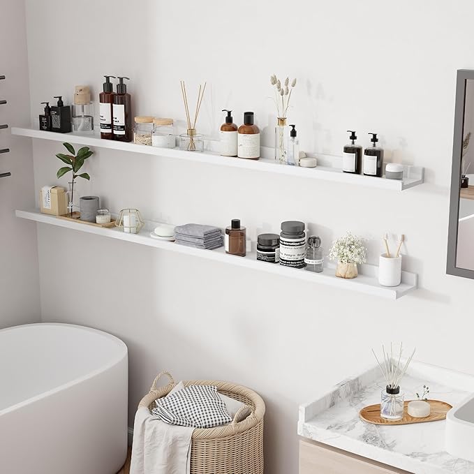 Floating Shelves for Wall, 72 inch Solid Wood Picture Ledge Shelf for Wall Storage, Nursery Book Shelves with Lip for Living Room Bathroom Bedroom Kitchen, Set of 2, Washed White