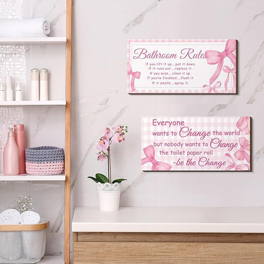 Jetec 2 Pieces Funny Bathroom Signs Bathroom Wall Decor Toilet Wall Accessories Farmhouse Toilet Rustic Wooden Signs, 12x6 Inch(Pink Bow Style)