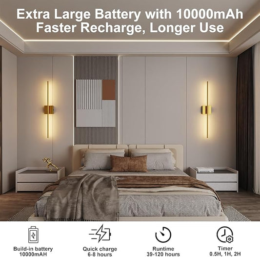 Shineled Wall Sconces Set of 2, 29'' Battery Wall Sconce with Remote Control, 350° Gold Rotatable Dimmable Wall Lamp, Wireless Wall Lights for Bedroom, Living Room