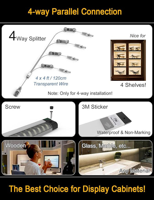 EBD LED Shelf Lights for Bookshelf 4-Way 48” Splitter Parallel Under Cabinet Lighting Built-in Adjustable Cable Kitchen Counter Lights Bar 8 Panels Display Lights Energy 3600Lm 4500K Closet Light