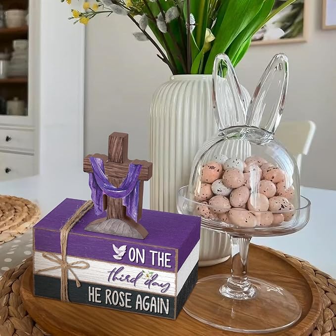Geelin 4 Pcs Easter Lent Decorations for home, He Is Risen Wooden Sign Christian Tabletop with Cross and Scripture Theme for Table, Tiered Tray, Desk, Shelf, Faith Spring Decor