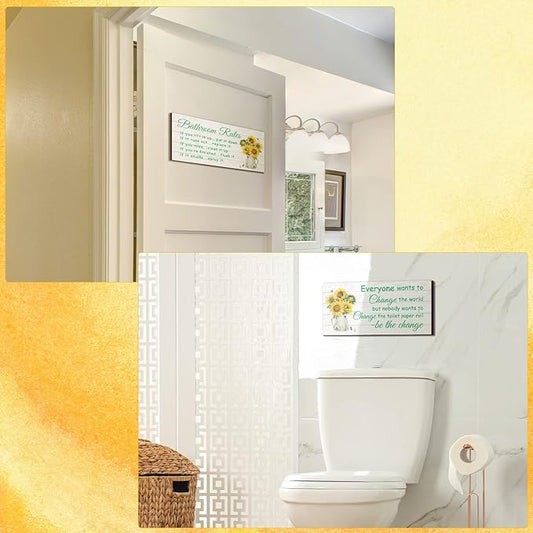 Jetec 2 Pieces Funny Bathroom Signs Bathroom Wall Decor Toilet Wall Accessories Farmhouse Toilet Rustic Wooden Signs, 12x6 Inch(Sunflower Style)