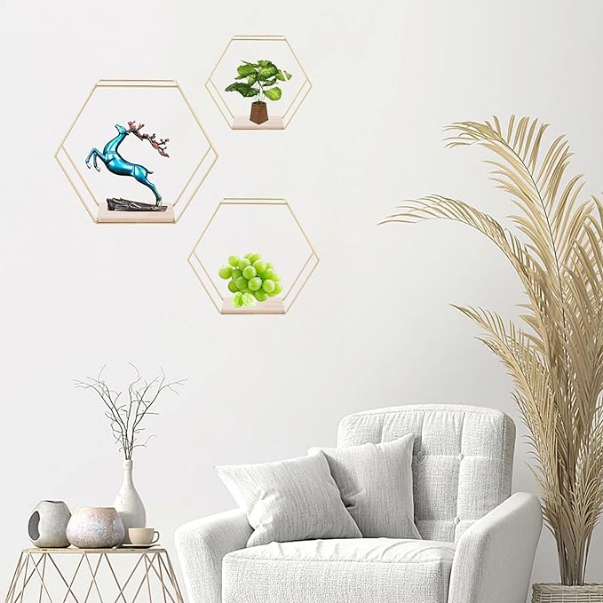 Wall Mounted Hexagon Floating Shelves, Metal Framed Gold Shelf with Wooden Floor Storage Shelves, Modern Wall Decor for Living Room, Bedroom, Kitchen, Office, Set of 3 Size 