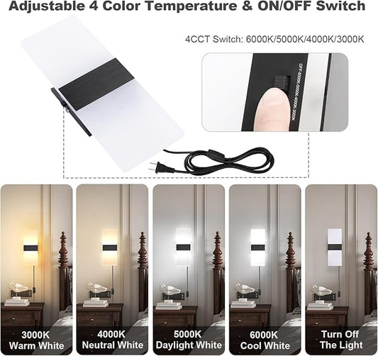 TRLIFE Modern LED Wall Sconce, Adjustable 4 Color Temperature 12W Morden Wall Sconce Plug in, Acrylic Wall Mounted Light Wall Lights with 6FT Plug in Cord for Bedroom Bedside Stairway(1 Pack, Black)
