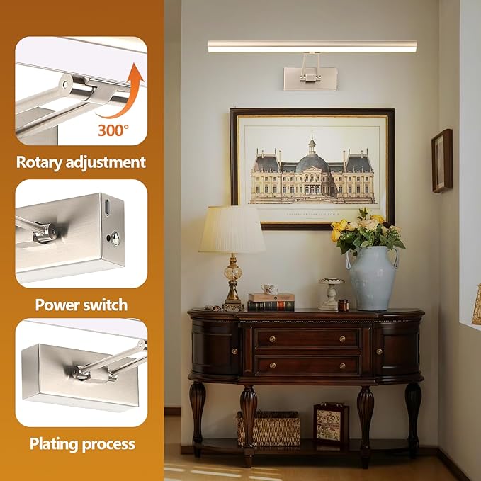 Picture Light, 16 inches Art Light, Picture Light Battery Operated,3CCT Picture Lights for Wall,Battery Operated Wall Lights,Gallery Light for Wall,Photo,Library (Satin Nickel)