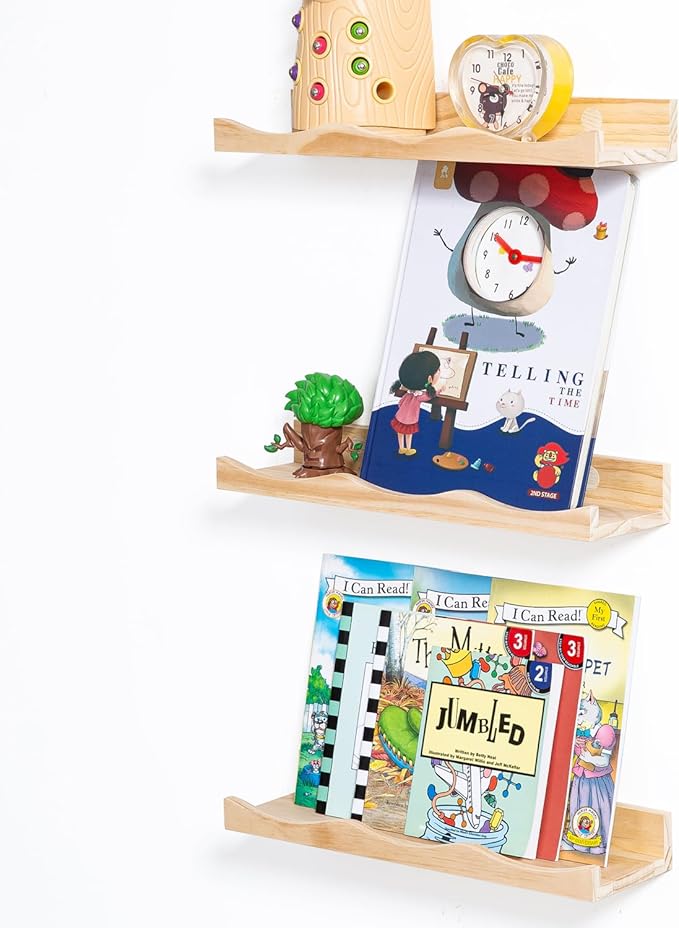 AZSKY Floating Bookshelf for Kids, Cloud Picture Ledge Shelf - Natural 15.7 Inches, Nursery Book Shelves Set of 3, Floating Shelves Baby & Toddler Room Decor