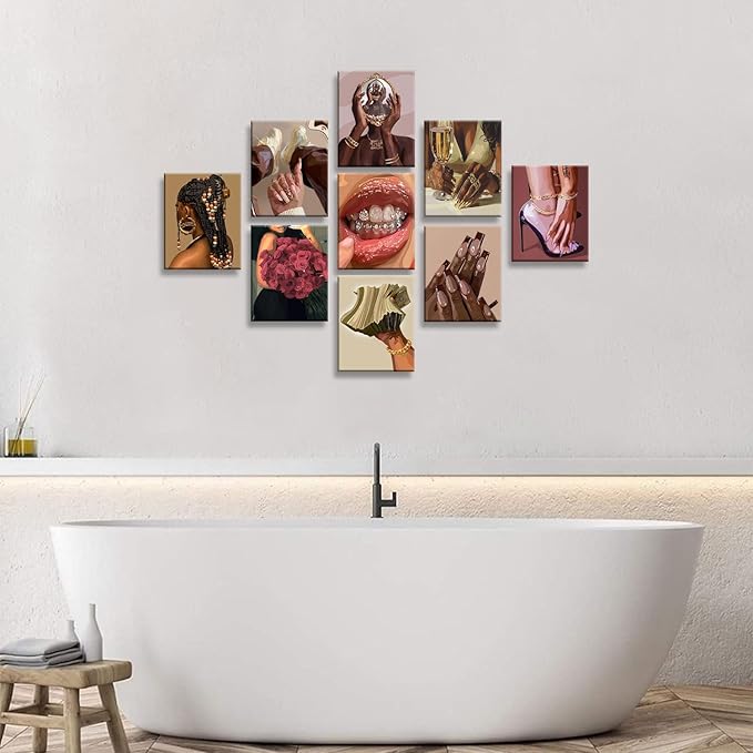 NCYEL 9PCS Black Girl Wall Art Canvas Prints Fashion Aesthetic Posters for Women Bedroom Beauty Room Living Room Salon Glam Wall Decor 8x10 Inch Unframed