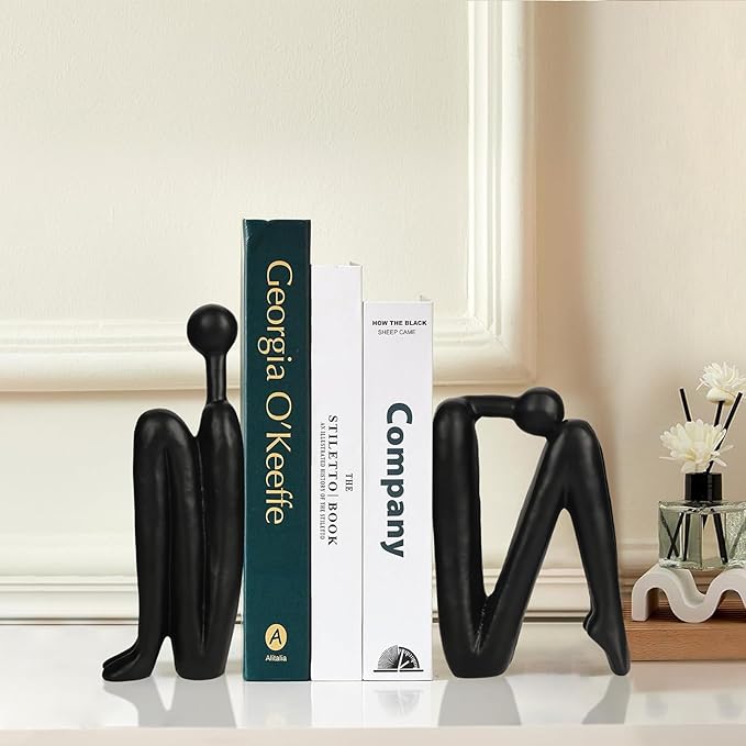 Thinker Cast Iron Bookends, Heavy-Duty Decorative Book End Stoppers for Shelves, Abstract Decor Aesthetic, Smooth Finish Book Holders for Office Decor, 1 Pair/2 Pieces, 9"