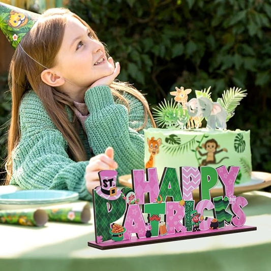 St Patricks Day Decor for Table Happy St Patrick's Day Decoration Wooden Centerpieces Rustic Farmhouse Sign for Tabletop Home Shelf Office St Patricks Day Party Decoration Pink