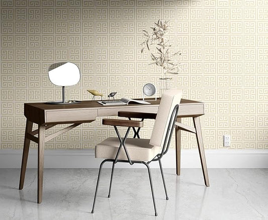 Greek Key Pattern Wallpaper 17.7"x236.0" Textured Metallic Gold on White Peel and Stick Wallpaper Geometric Embossed Self Adhesive Waterproof