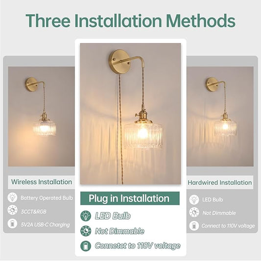 Vintage Wall Sconce with Clear Striped Glass Shade Hanging Wall Sconce with 4.9FT Plug in Cord, Modern Wall Lamp Fixtures Decor for Bedside Bedroom Indoor Doorway, Set of 2