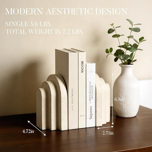 Book Ends for Heavy Books, Beige Modern Pleasing Layered Arch Design Aesthetic Bookend Decorative, Concrete Book Ends to Hold Books Heavy Duty for Bookshelf Decor, Home Decor, Office Decor