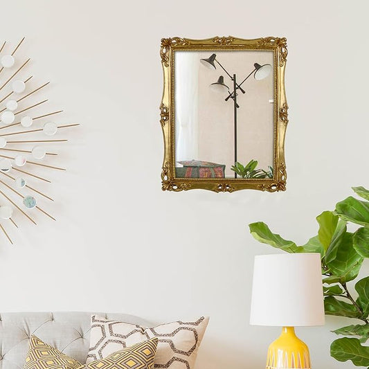 Funerom Vintage Decorative Mirror, Wall Mounted & Tabletop Makeup Mirror ,Square (Antique Gold, 16.5 x 13.5 inch)