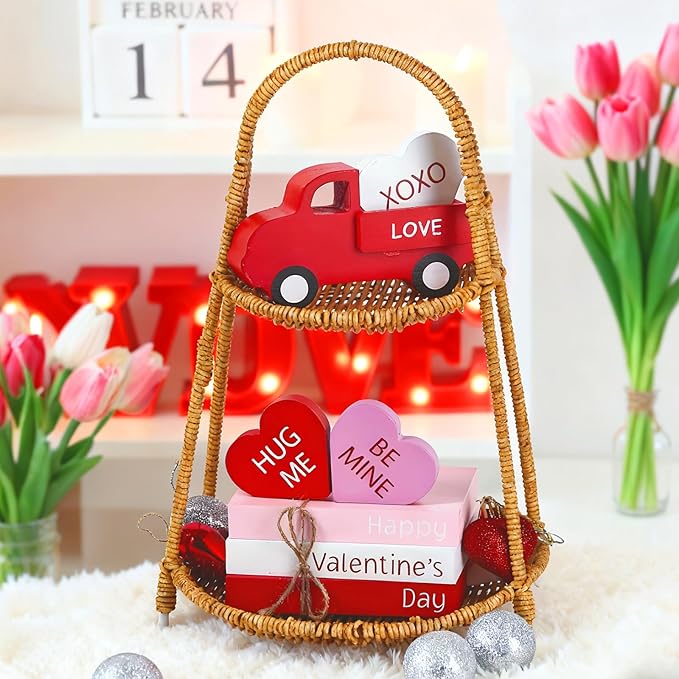 AKEROCK Valentines Day Decorations, Valentines Day Decor - Wooden Valentine Sign & Red Truck & 3 Heart Decor for Table, Tiered Tray, Office Desk, Mantel, Valentine Decorations for Home