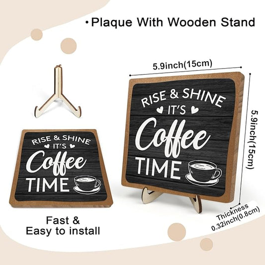 Coffee Bar Decor Sign, Coffee Bar Accessories, Funny Coffee Bar Desk Decor, Rustic Wooden Plaque Coffee Sign Farmhouse Coffee Bar Derco Signs For Coffee Station, Coffee Shelf Decor(Black+Brown05)