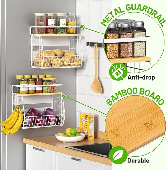 Ofiray-home Magnetic Fridge Shelf with Wood Lid, Fruit Potato Onion Storage Bins, Pantry Organizers, Large Container Spice Rack for Refrigerator, Kitchen Counter, Cabinet (1, White)