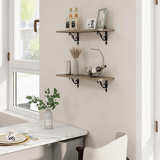 RICHFOCUS Floating Shelves for Wall Decor, 24Inch Shelves Set of 2, 24W x 8D Floating Shelves Wall Mounted with Metal Brackets, Rustic Wood Shelves for Living Room Bedroom Kitchen, Grey