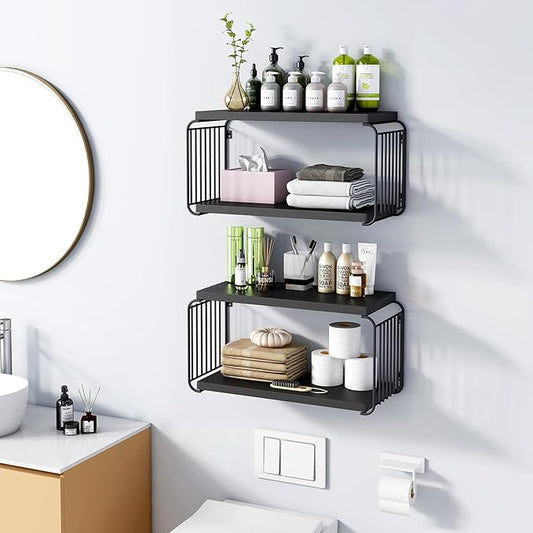 Floating Nightstand Shelves, Modern Night Stand for Bedroom, Wood Floating Shelf for Wall, Nightstand Bedside Table, Mid Century Wall Shelves for Living Room, Bedroom (2, Black)