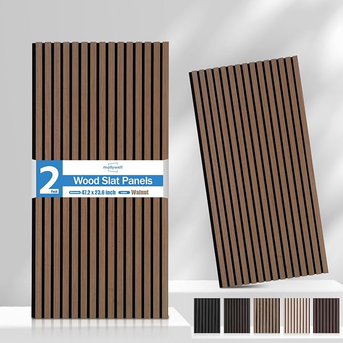 Mollywell Wood Panels for Wall, Time-Saving Installation, Versatile Wood Slat Wall Decor, Enhanced Acoustic & Sound Proof Fluted Design for Home & Office, 2 Pcs Teak, 47.2x23.6 Inch