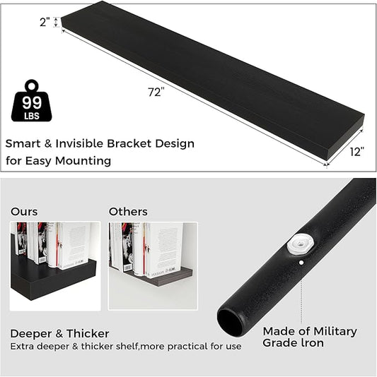 Floating Shelves for Wall, 72 Inch Wide x 12 Inch Deep Floating Shelves, Long Wood Floating Wall Shelf Shelves for Living Room Bathroom Bedroom Kitchen Home - (Black, 72" W x 12" D x 2" H)