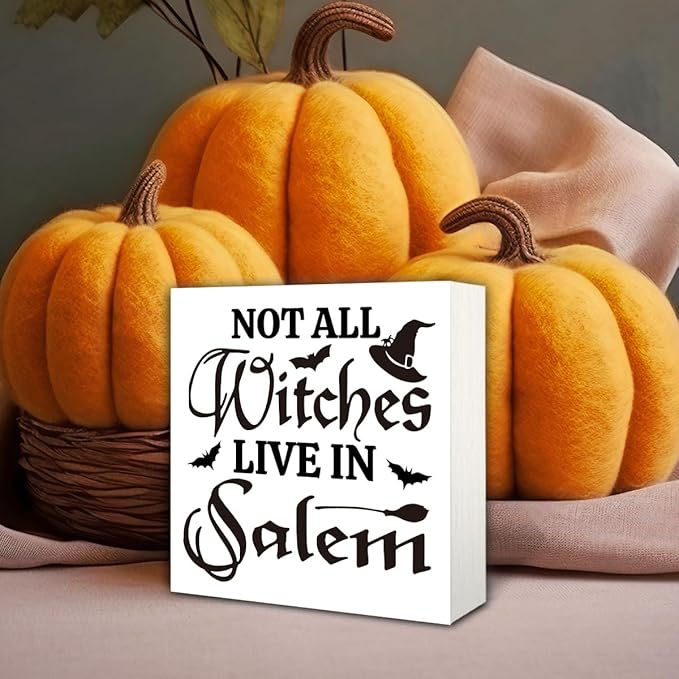 Rustic Halloween Box Sign Decor Tabletop, Halloween Party Decorations for Haunted House, Farmhouse Decor, Kitchen Decoration for Shelf, Not Every Witch Lives in Salem Sign Wooden Plaque 5 * 5inch