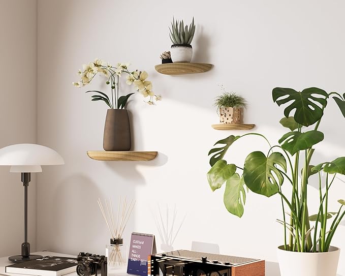 Solid Wood Half Round Floating Wall Shelves | Elegant Floating Shelves, Elevate Your Space. Perfect for Living Rooms, Bathrooms, Bedrooms, Offices, Children's Rooms Light Brown