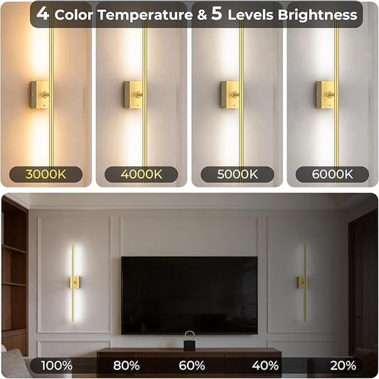 Battery Operated Wall Sconce Set of Two - 10000mAh Cordless Rechargeable Wall Sconces with Remote & Touch Control, 360°Rotate, 4CCT Dimmable Gold Wall Lights for Bedroom Living Room, 31.5 inch