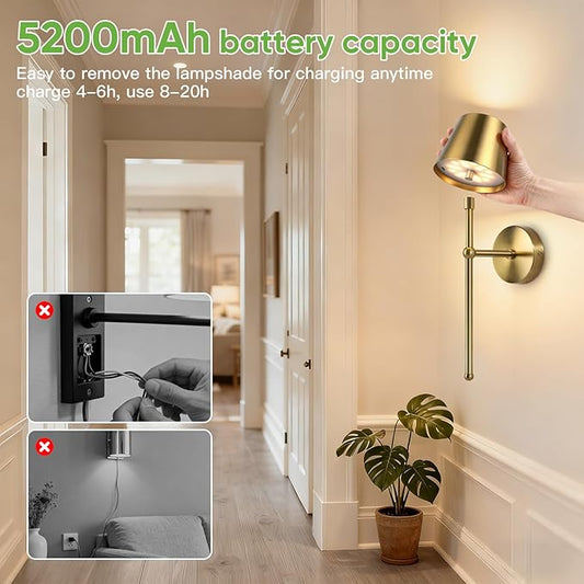 Kimjo Battery Operated Wall Sconce Set of 2, Rechargeable Wireless Wall Sconces Light with Dimmable Timer Remote, 5200mAh Gold Cordless Wall Light for Bedroom Living Room Hallway Decor