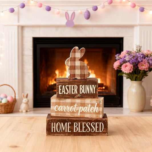 Easter Decorations - Easter Bunny Tiered Tray Decor Set - Wooden Carrot Patch Tabletop Decoration - Rustic Farmhouse Spring Home Decor Indoor for Tiered Tray Shelf Mantel Coffee Table Gift - Spring Home Decor for Living Room, Kitchen Counter