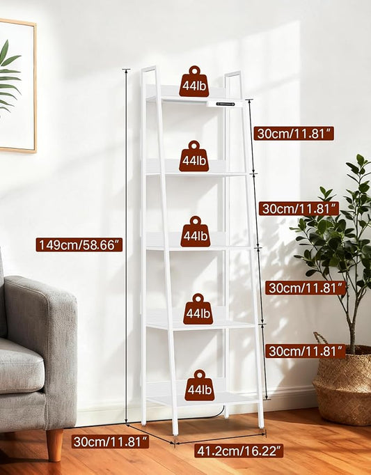 5-Tier Small Ladder Shelf with LED Lights, Touch & Remote Control, 3 Color Temperatures, Dimmable Tall Corner Standing Bookcase, Metal Wood Display Shelf for Living Room, Bedroom(White)