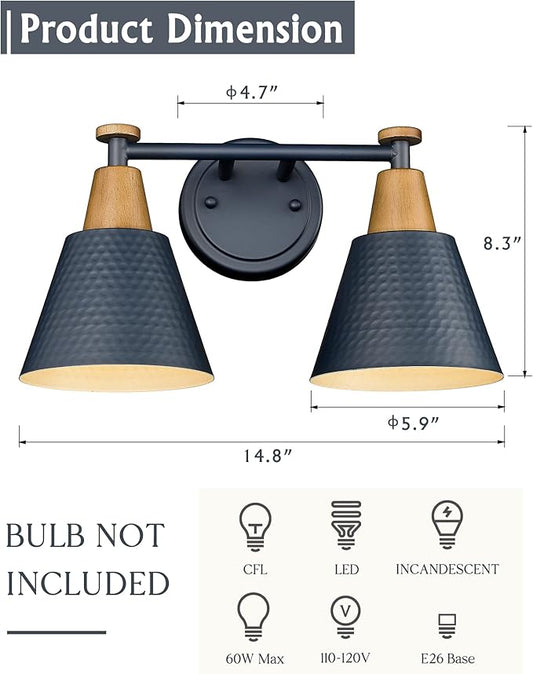 FEMILA 2-Light Bathroom Light Fixtures, Modern Bathroom Vanity Light with Hammered Metal Shade, Dark Blue Sconces Wall Lighting for Mirror Kitchen Bedroom, 4FG59B-2W Blue