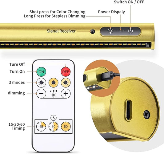 Battery Operated Wireless Picture Light,Rechargeable/Plugged in 31.5inch Painting Display Light,Remote Control Wall Lights with Three Modes and Timing for Art Frame (Gold)
