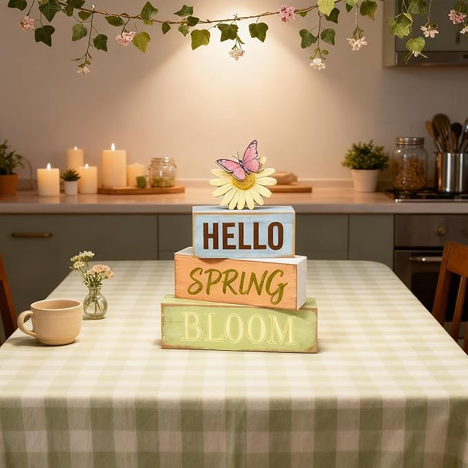 Spring Decoration Wooden Tiered Tray Decor – Rustic Hello Spring Bloom Stacked Block Sign with Butterfly Daisy Topper – Farmhouse Tabletop Spring Decor for Living Room Shelf Kitchen Coffee Bar Seasonal Home Display