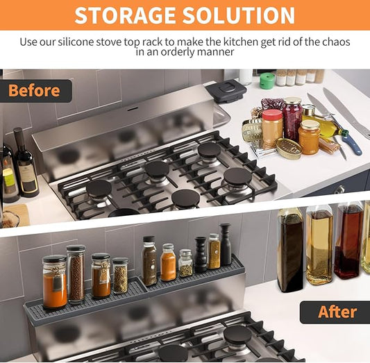 BFONS 30" Magnetic Stove Top Shelf Spice Rack Storage, Silicone Top Heat Material Stove Rack Shelf Flexible Seasoning Organizer Kitchen Shelves Gadgets with 2 Functional Prtitions for Kitchen (Grey)
