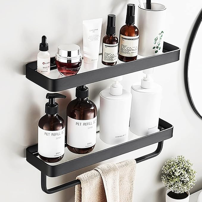 15.7in Bathroom Wall Shelf (2 Tier), Glass Shelf for Wall Mounted, Black Shower Caddy Shelves, Bathroom Shelves with Towel Holder for Shower Organization and Storage