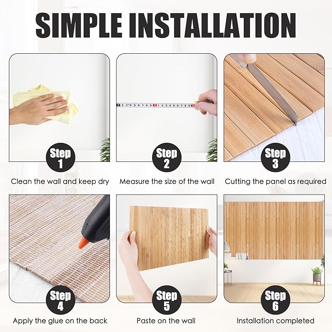 FONUNO Bamboo Wall Panel for Interior Decoration Bamboo Pole Wrap Roll Natural Wainscoting Paneling Decorative Wall Slat Covering for Living Room, Bedroom, Office (48 Inch x 96 Inch, Carbonized)