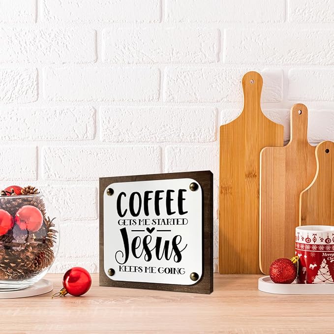 Coffee Wood Sign, Coffee Decor Art, Wooden Box Signs Decors Art, Christian Coffees Decors, Home Decor Accent, Coffees Gets Me Started Jesus Keeps Me Going Sign