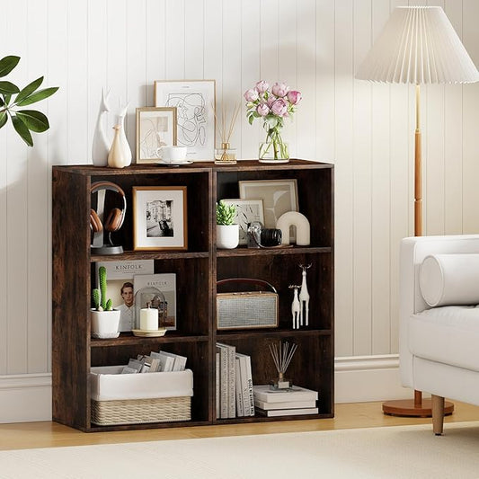Giantex 3 Tier Bookcases Set of 2, 31.5" Bookshelf Cube Storage Organizer, Open Storage Cabinet Multi-Functional Home Office Bedroom Furniture Display Bookcases, Rustic Brown