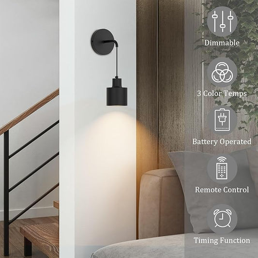 Wall Light Battery Operated Wall Sconces Set of 2,Black Indoor Wireless Wall Sconce No Hardwired 3000K-6000K Dimmable Remote Control(Bulbs Include)