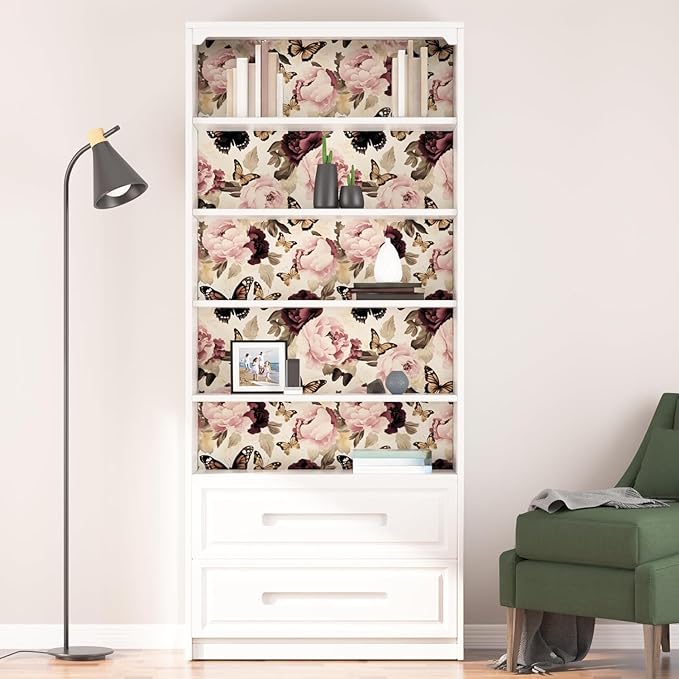 Butterfly Floral Wallpaper Peel and Stick, Vintage Beige/Pink Contact Paper 17.5" x 393", Boho Flower Wall Paper Self Adhesive Waterproof Removable for Bathroom Shelves Cabinet Drawer Table Decor