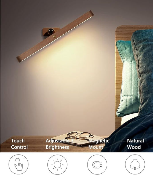 Chilvane Wall Lights for Bedroom Battery Operated Wall Sconce Lamp Vanity Light Magnetic Aesthetic Wooden Big Capacity 2000mah Pack 2 Wireless Rechargeable Wall Lights for Living Room,Beech Wood