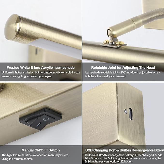 Picture Light for Wall Battery Operated, 16" Rechargeable Art Light with Remote and Timer for Painting, 3 Color Temps, Wireless Wall Light for Display, Artwork, Portrait, Gallery, Bronze