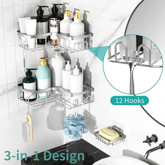 Moforoco Corner Shower Caddy Shelf Organizer Rack, Self Adhesive Black Bathroom Shelves Basket, Home Shower Inside Organization and Storage Decor Rv Accessories, First Apartment Essentials(Silver)
