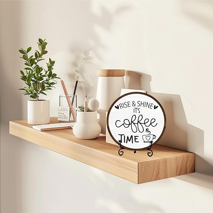 Coffee Desk Decor Sign, Farmhouse Wood Plaque, It Is Coffee Time Wood Sign, Cafe Lover Gifts, Decor For Home Kitchen Table Top, Wooden Round Decorations With Stand-14