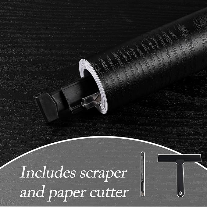 Black Wood Peel and Stick Paper with Tools 11.8" X 197" Decorative Self-Adhesive Contact Paper for Furniture Surfaces Easy to Clean Thickening Upgrade Increase Stomata and Reduces Bubble Generation