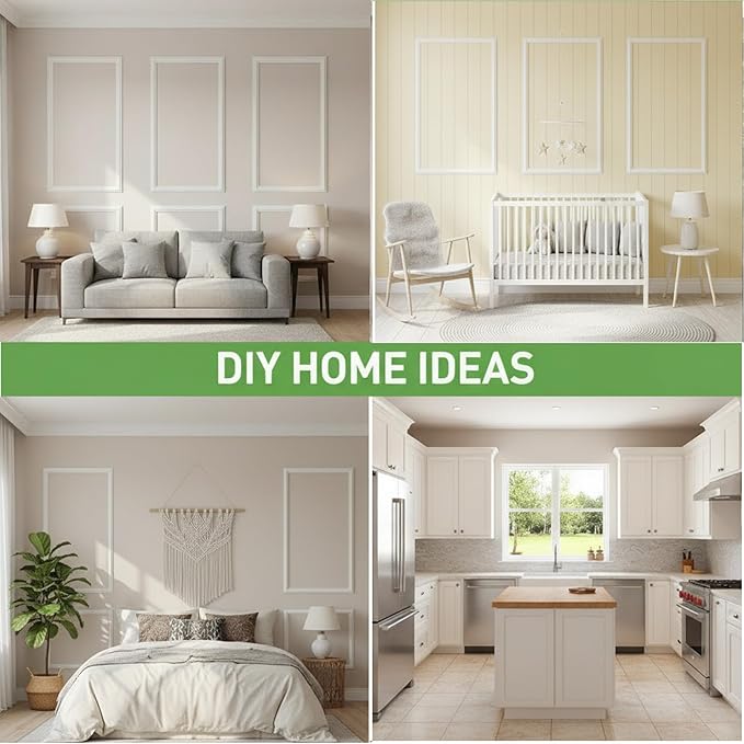 Peel and Stick Wall Molding, 6 Frame Pre-Cut Wainscoting Panels, Upgraded 1.37" Width, Ready-to-Assemble Molding Trim Decor for Living Room Bedroom Hallway Kitchen Island